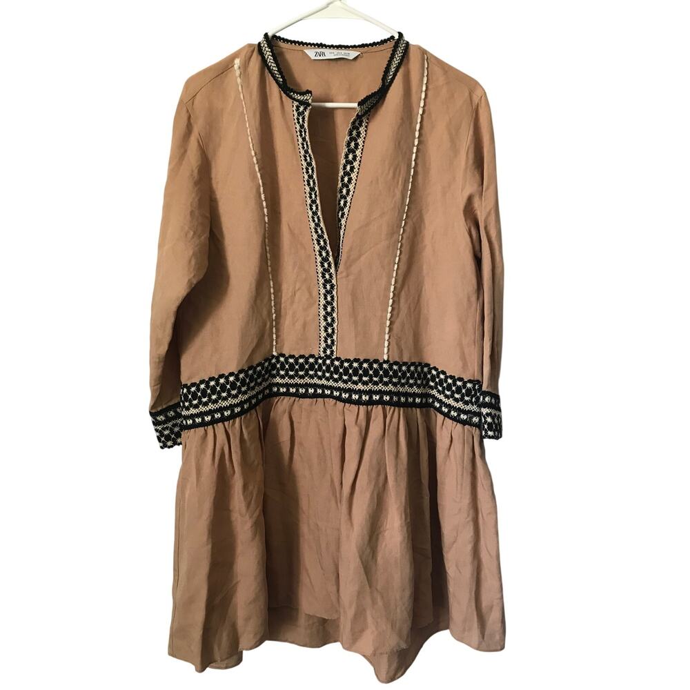 Zara Dress Small Womens Linen Boho Indie Summer Vacation Crocheted Trim Tan  S